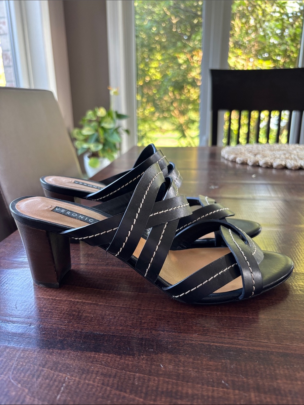 Veronica Beard Black Stitched Strappy Mid Heel Sandals